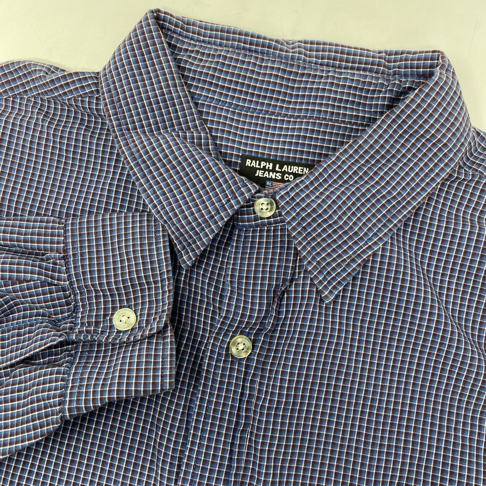 Ralph Lauren Jeans Co Button Down Mens XL Blue Plaid Long Sleeve Cotton Shirt
